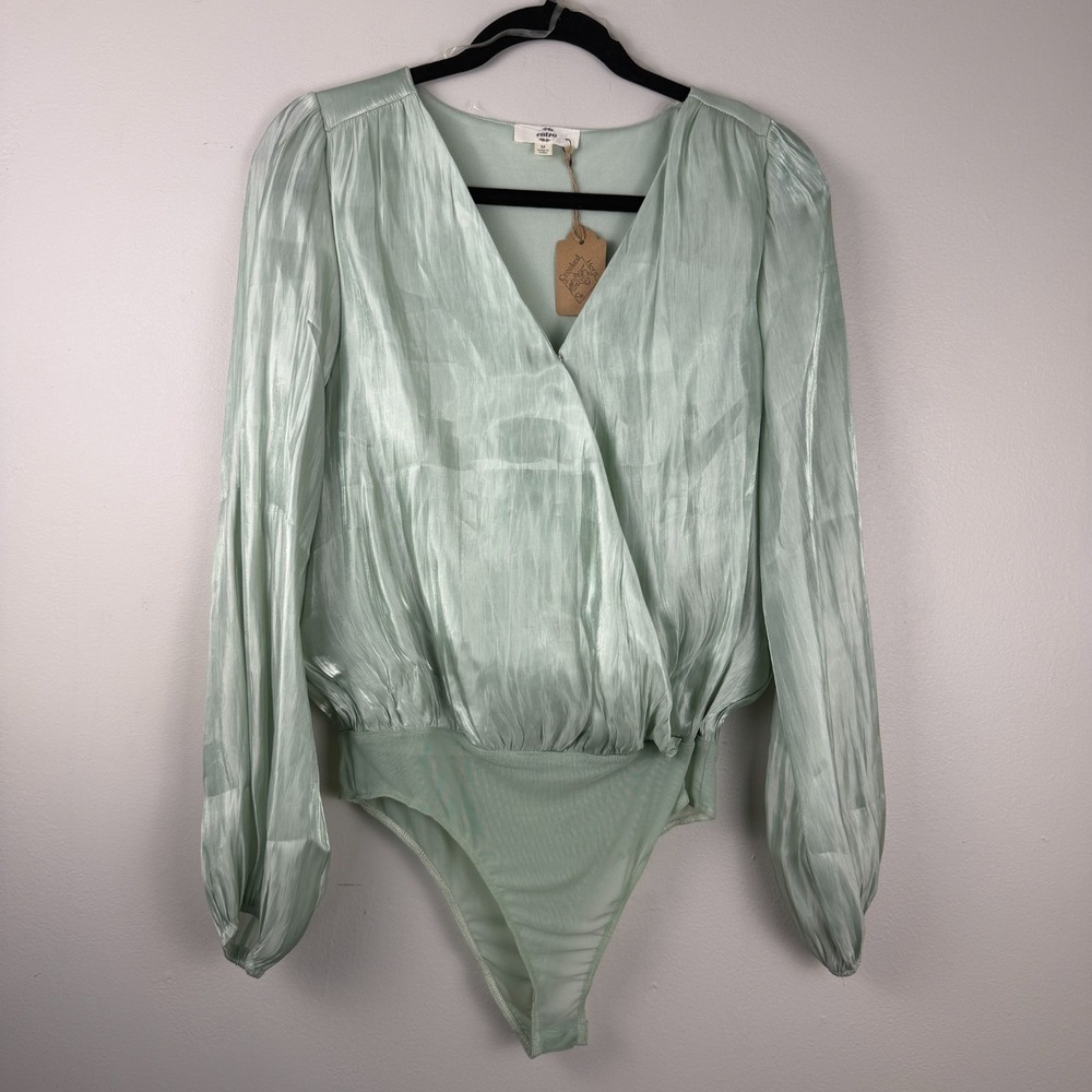 Entro Wrap Bodysuit Women's Medium Shiny Green Long Sleeve Surplice Neck Classic